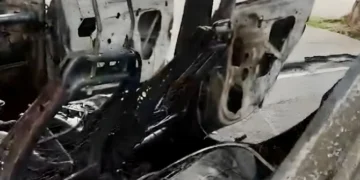 Carro colide em placa e árvore, e pega fogo em Valadares